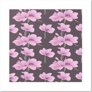 Pink flower pattern with dark grey background Posters and Art